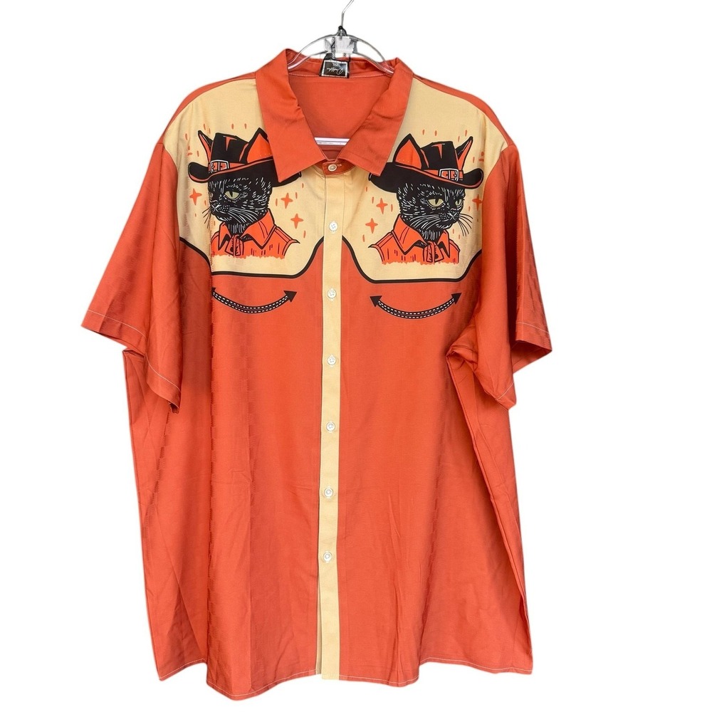 Daddyloco Shirt Mens 2XL Orange Cowboy Cat Halloween Short Sleeve Button Up
